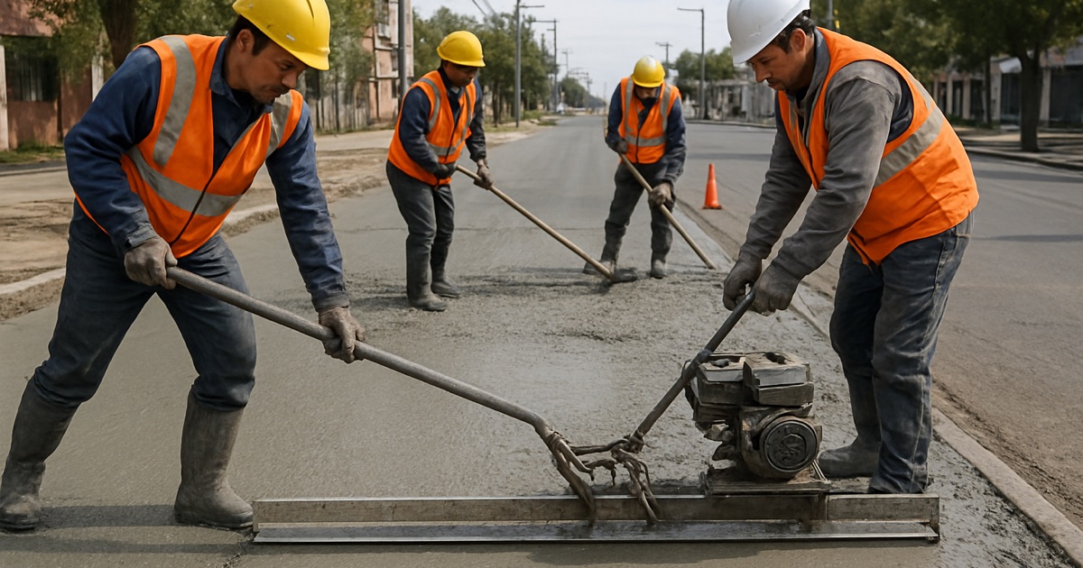 Cuadrilla ejecutando un pavimento de hormigón con regla vibradora en una vía urbana chilena