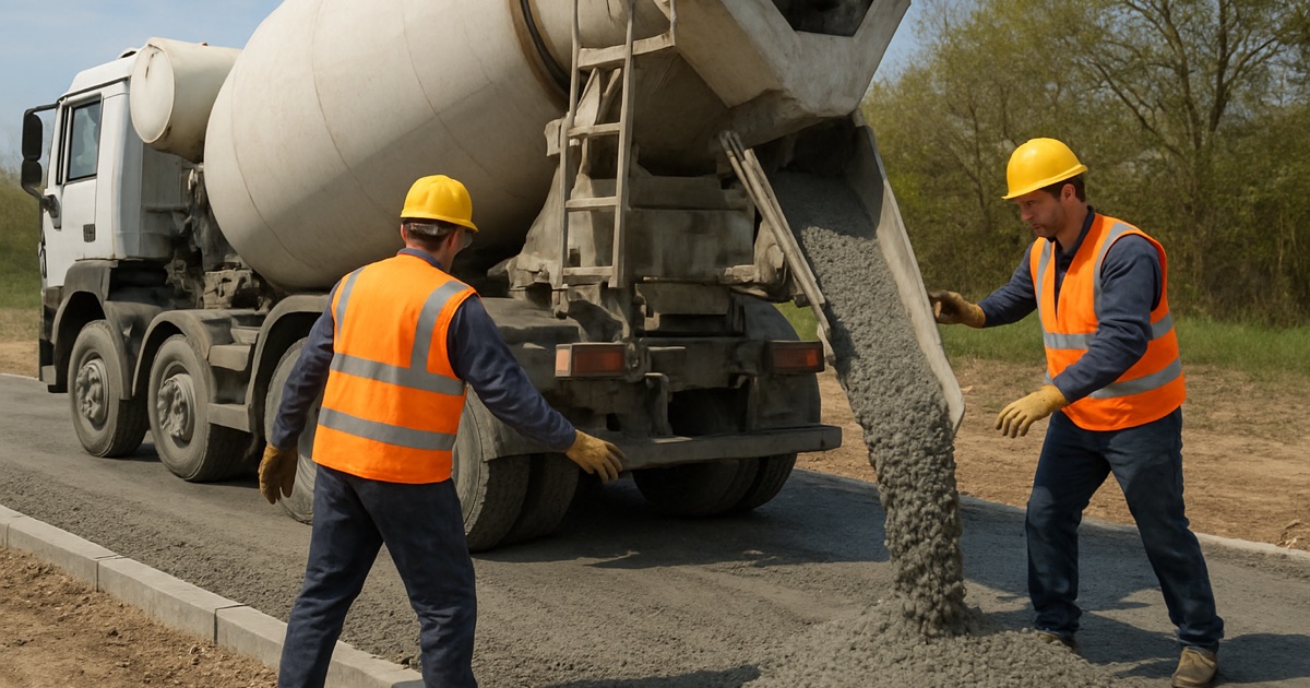 Camión mixer de Surmix descargando hormigón premezclado en una obra de pavimentación