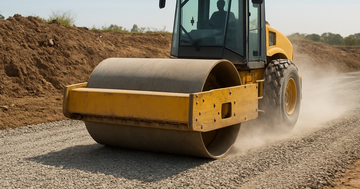 Rodillo compactando la base granular de un pavimento antes del hormigonado